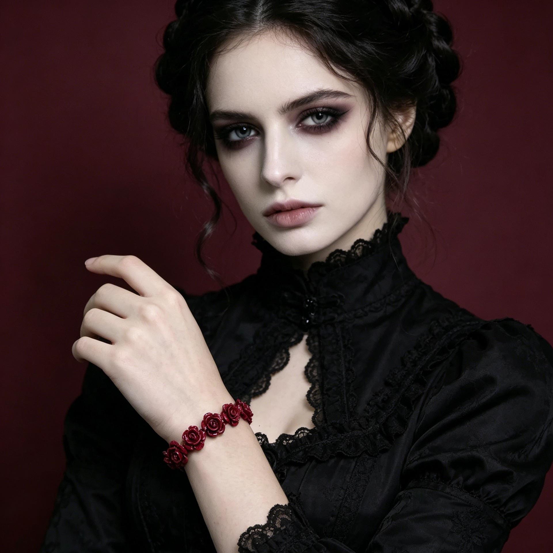 MourningGardenStudio Gothic Rose Carved Cinnabar Beaded Bracelet