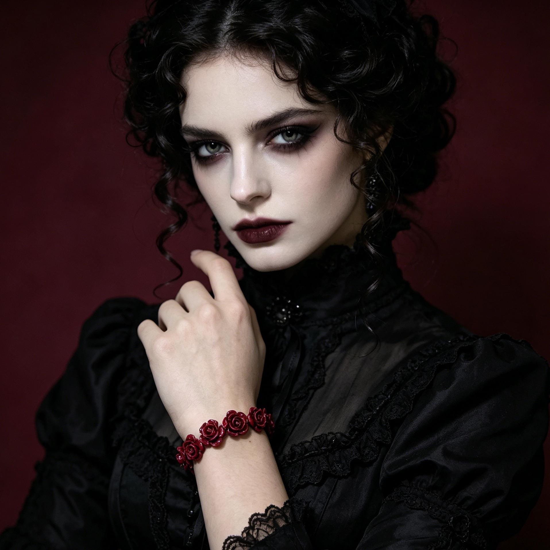 MourningGardenStudio Gothic Rose Carved Cinnabar Beaded Bracelet