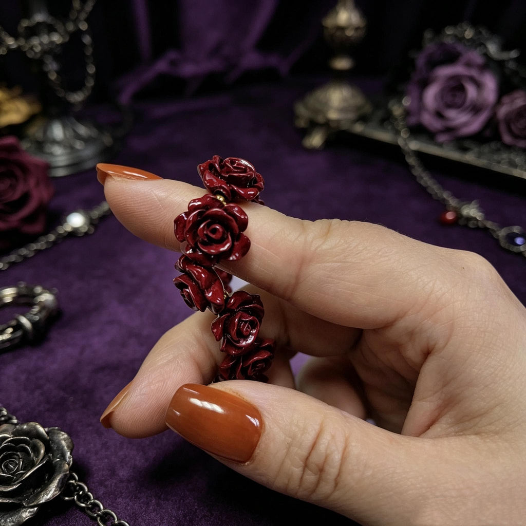 MourningGardenStudio Gothic Rose Carved Cinnabar Beaded Bracelet