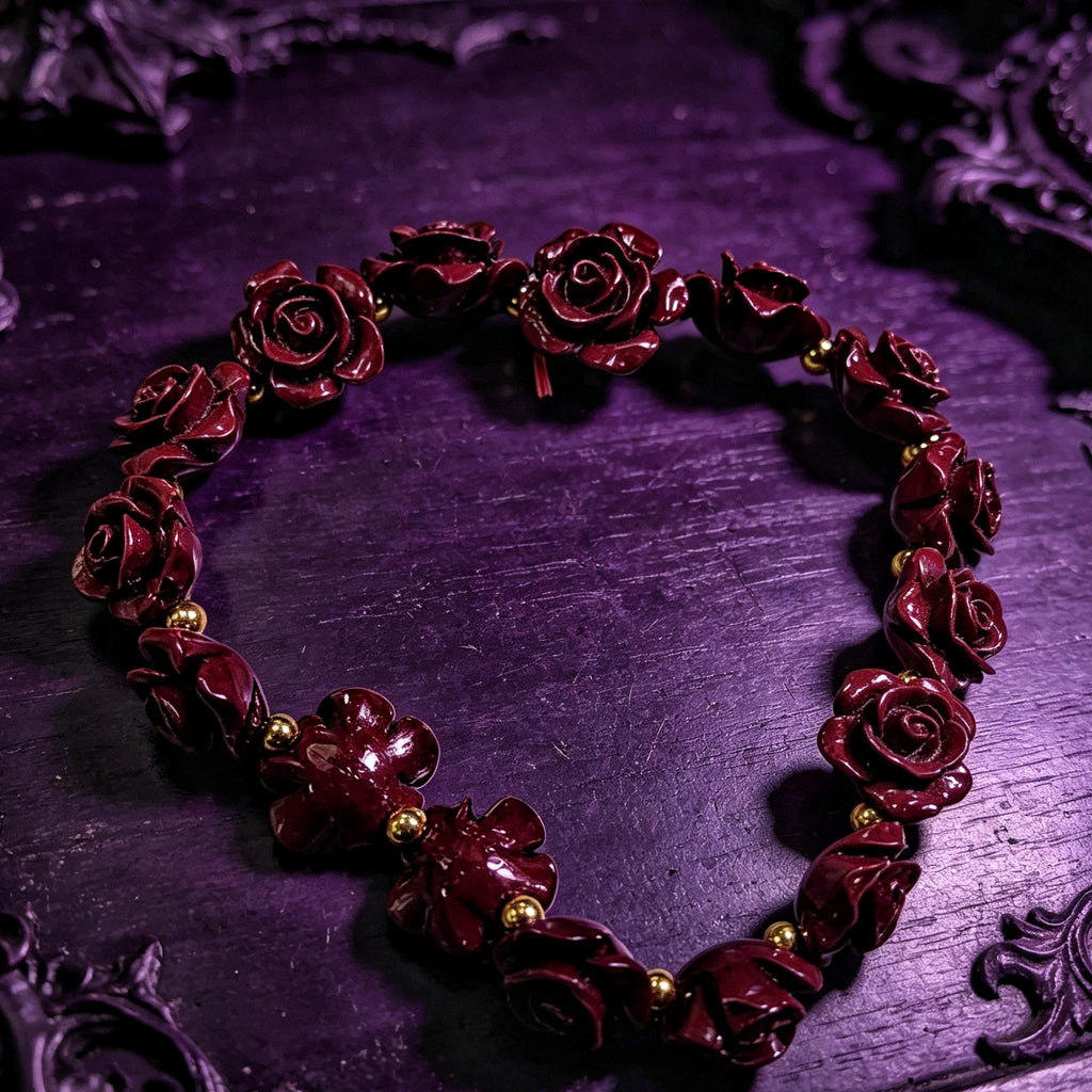 MourningGardenStudio Gothic Rose Carved Cinnabar Beaded Bracelet