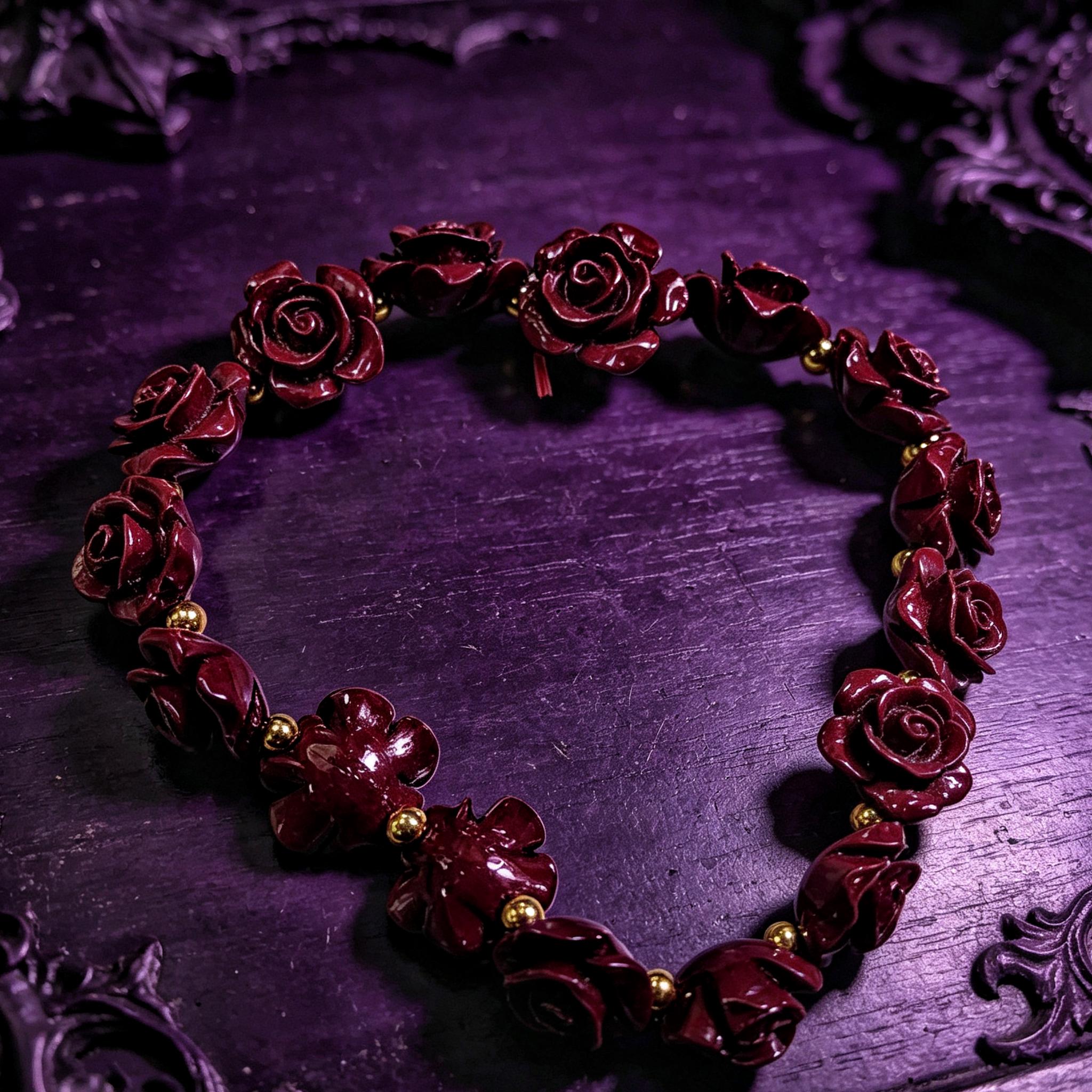 MourningGardenStudio Gothic Rose Carved Cinnabar Beaded Bracelet