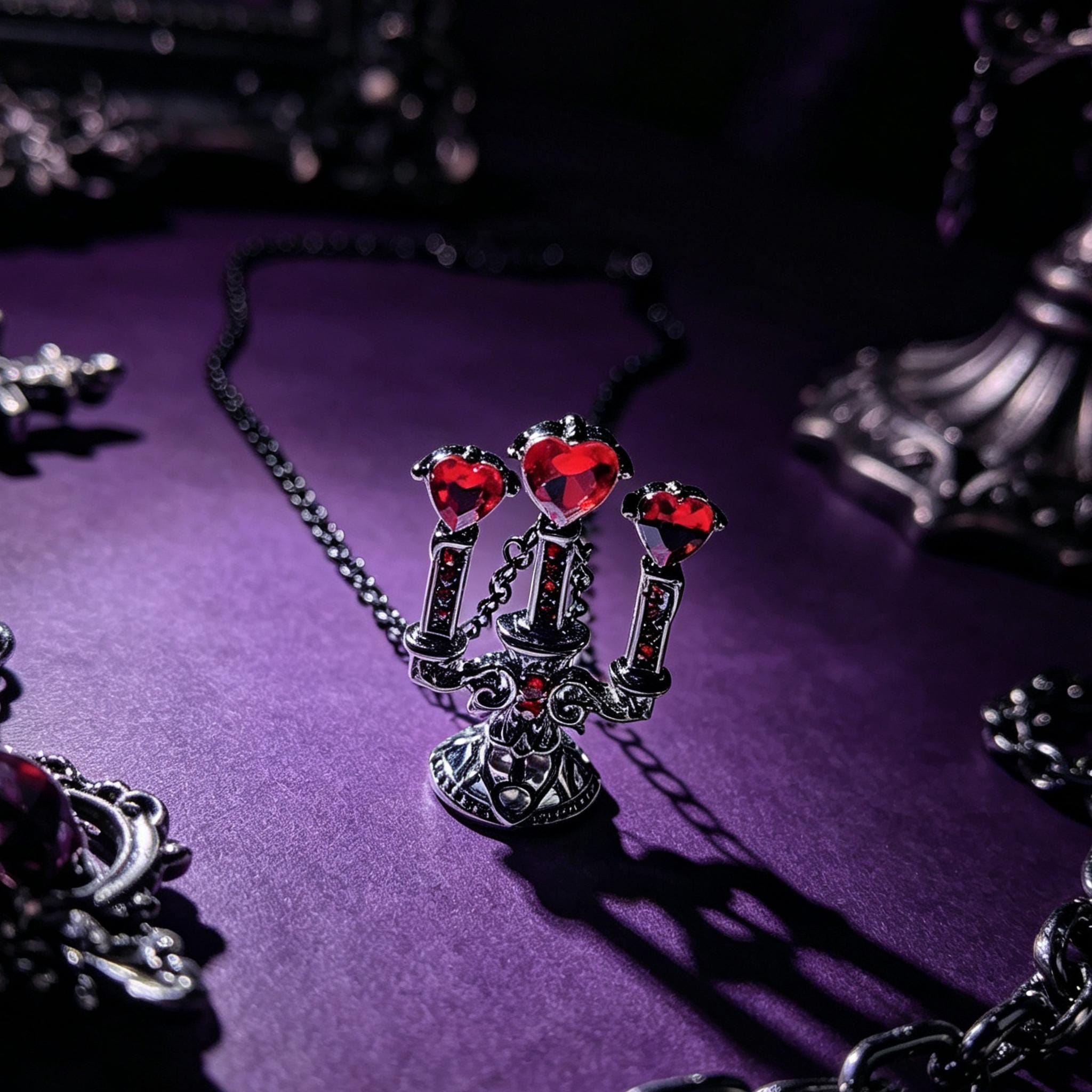 Victorian Gothic Candelabra Necklace Red Crystal Pendant for Vampire Ball Gift