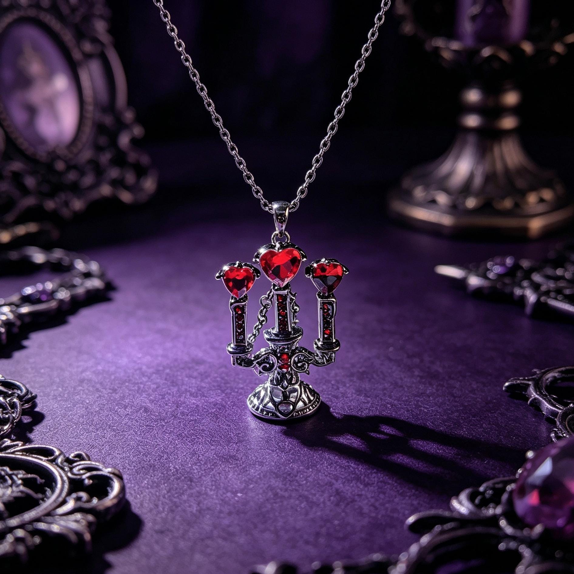 Victorian Gothic Candelabra Necklace Red Crystal Pendant for Vampire Ball Gift