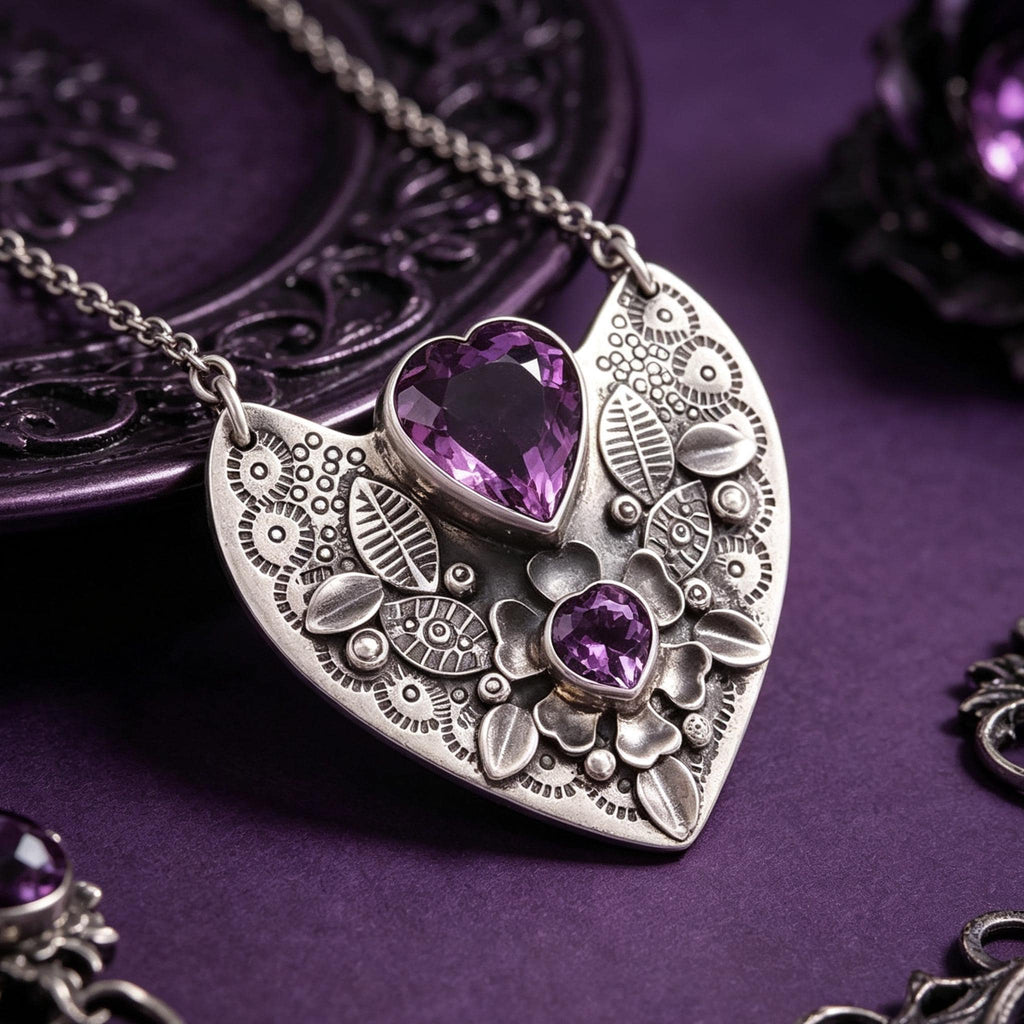 MourningGardenStudio Victorian Gothic Heart Necklace Purple Crystal Pendant