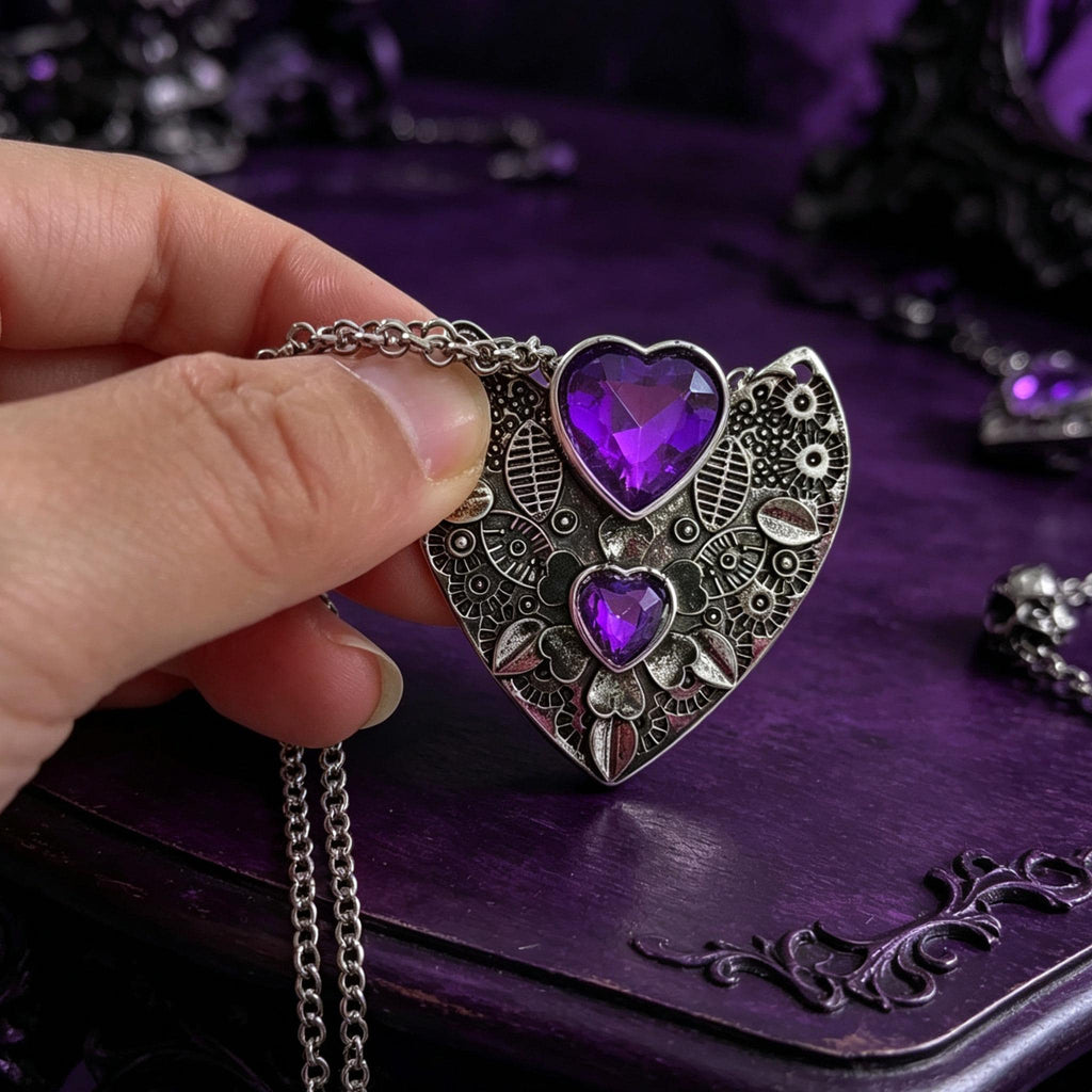 MourningGardenStudio Victorian Gothic Heart Necklace Purple Crystal Pendant