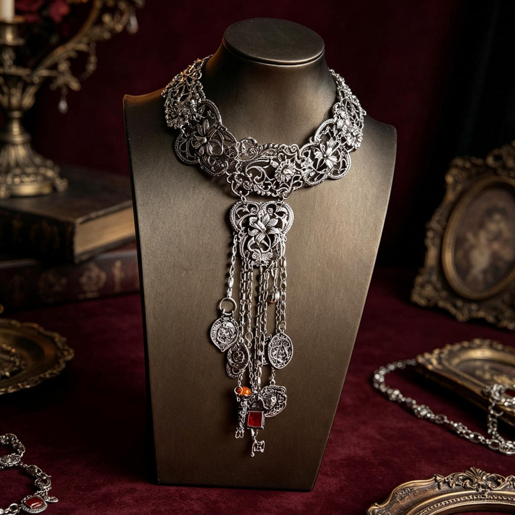 Victorian Gothic Choker Necklace Antique Key Tassels