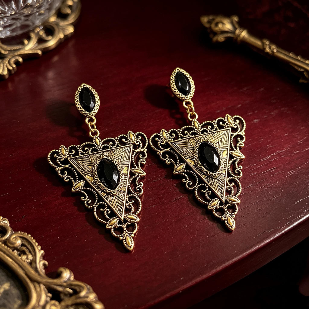 MourningGardenStudio Victorian Gothic Triangle Earrings Black Gem