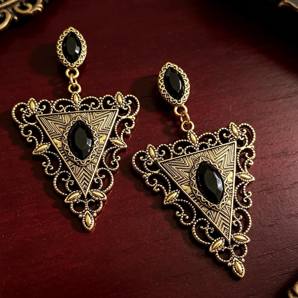 MourningGardenStudio Victorian Gothic Triangle Earrings Black Gem