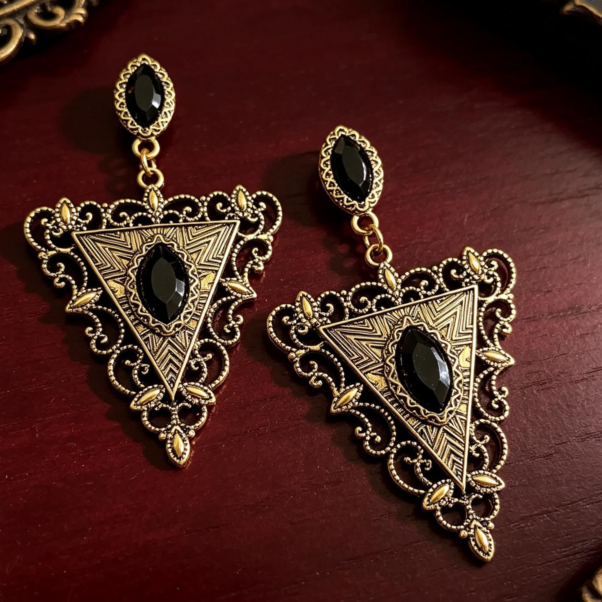 MourningGardenStudio Victorian Gothic Triangle Earrings Black Gem