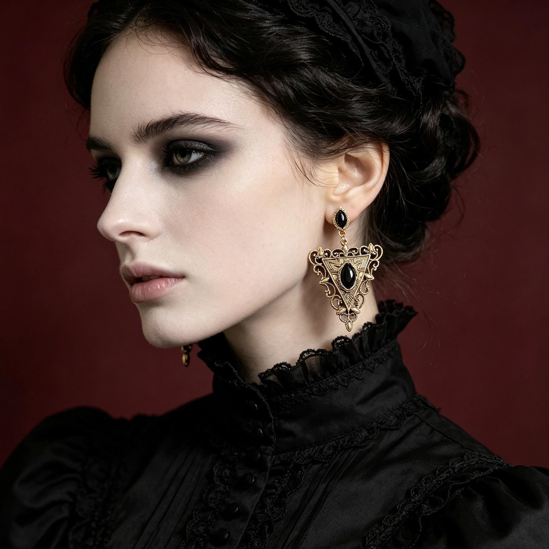 MourningGardenStudio Victorian Gothic Triangle Earrings Black Gem