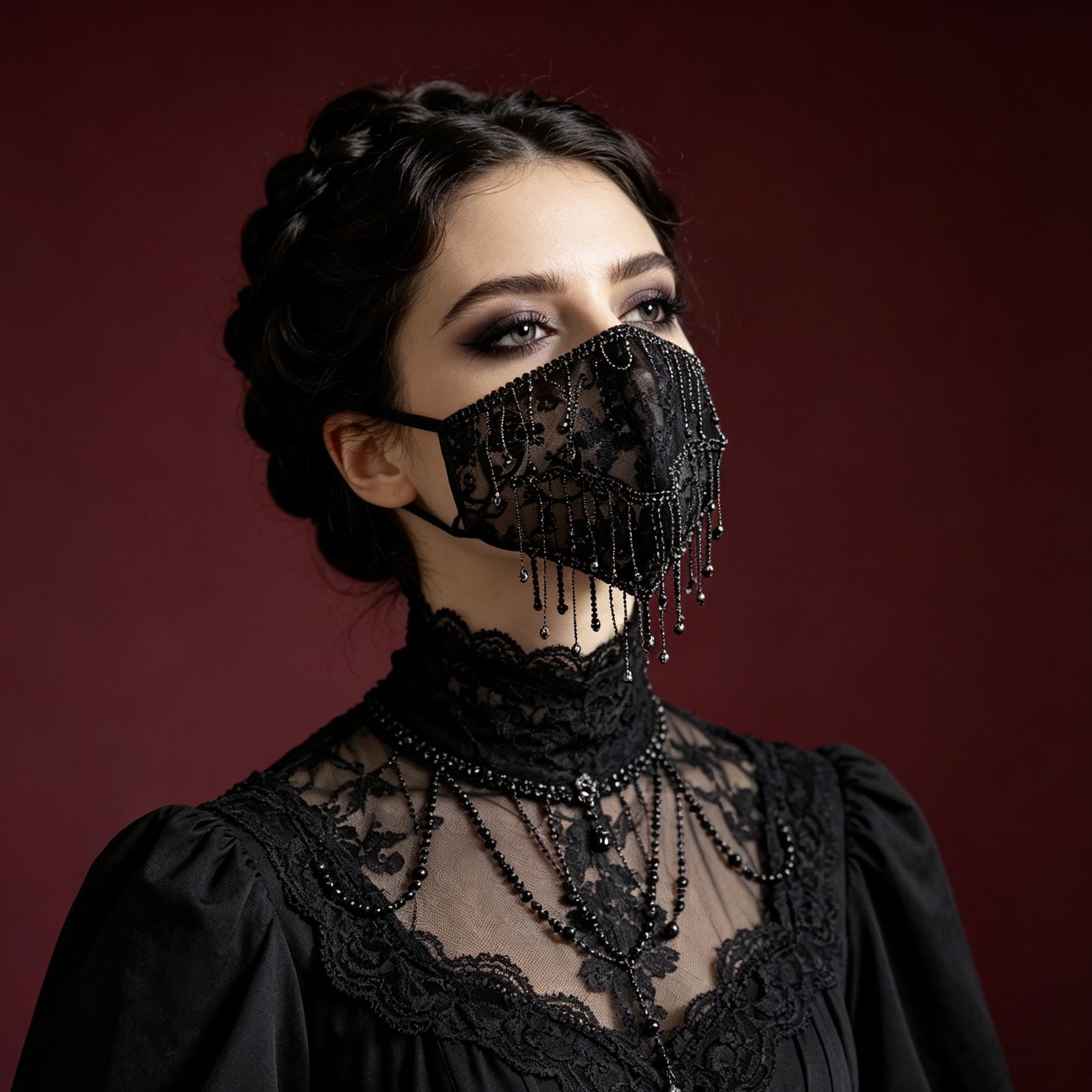 Gothic Lace Tassel Face Mask Handmade Beaded For Vampire Bride Ball