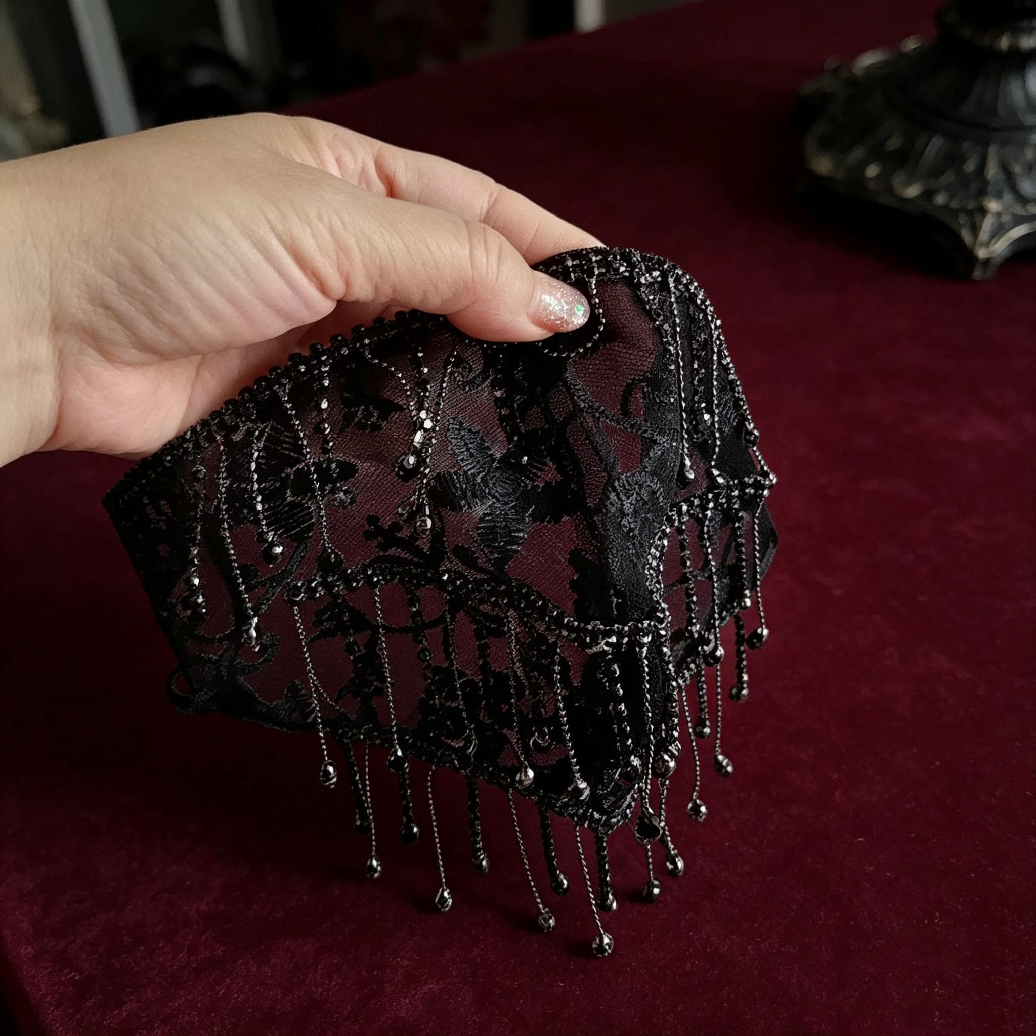 Gothic Lace Tassel Face Mask Handmade Beaded For Vampire Bride Ball