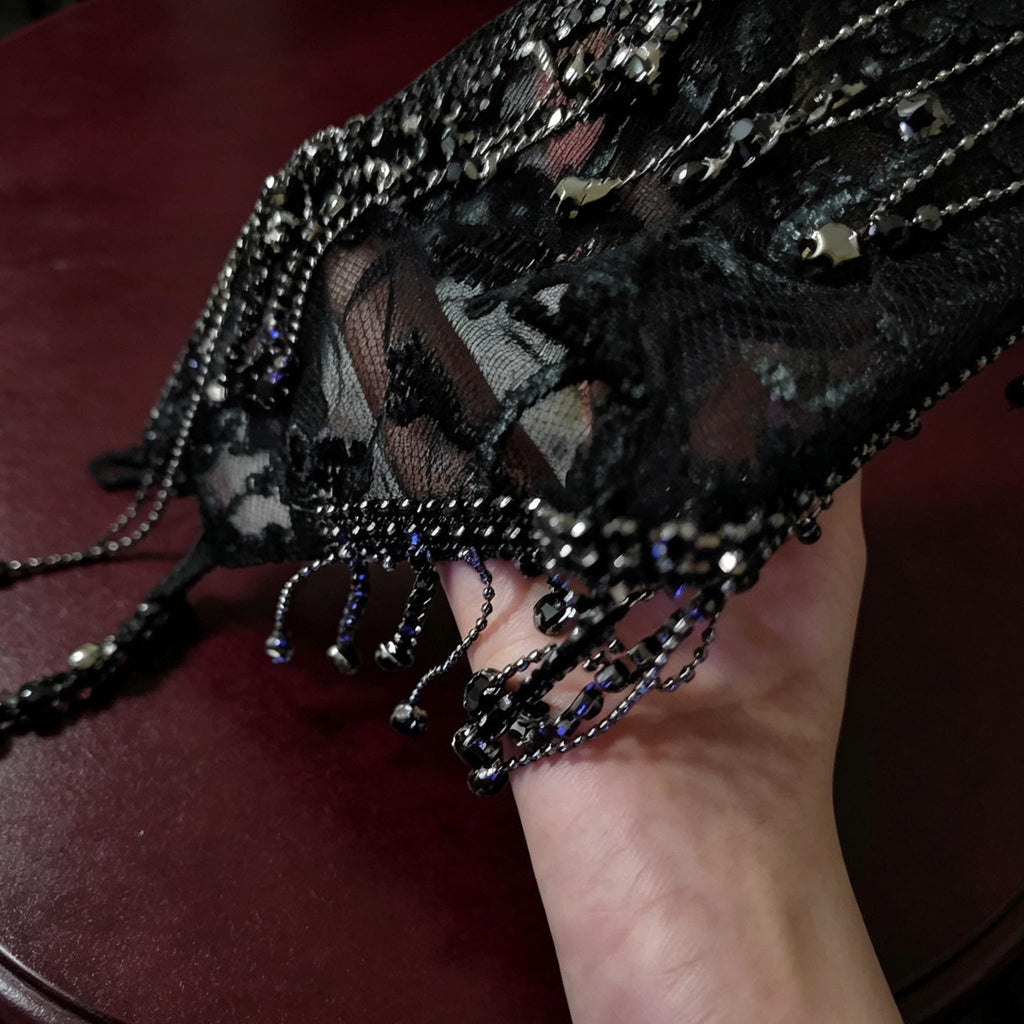 Gothic Lace Tassel Face Mask Handmade Beaded For Vampire Bride Ball