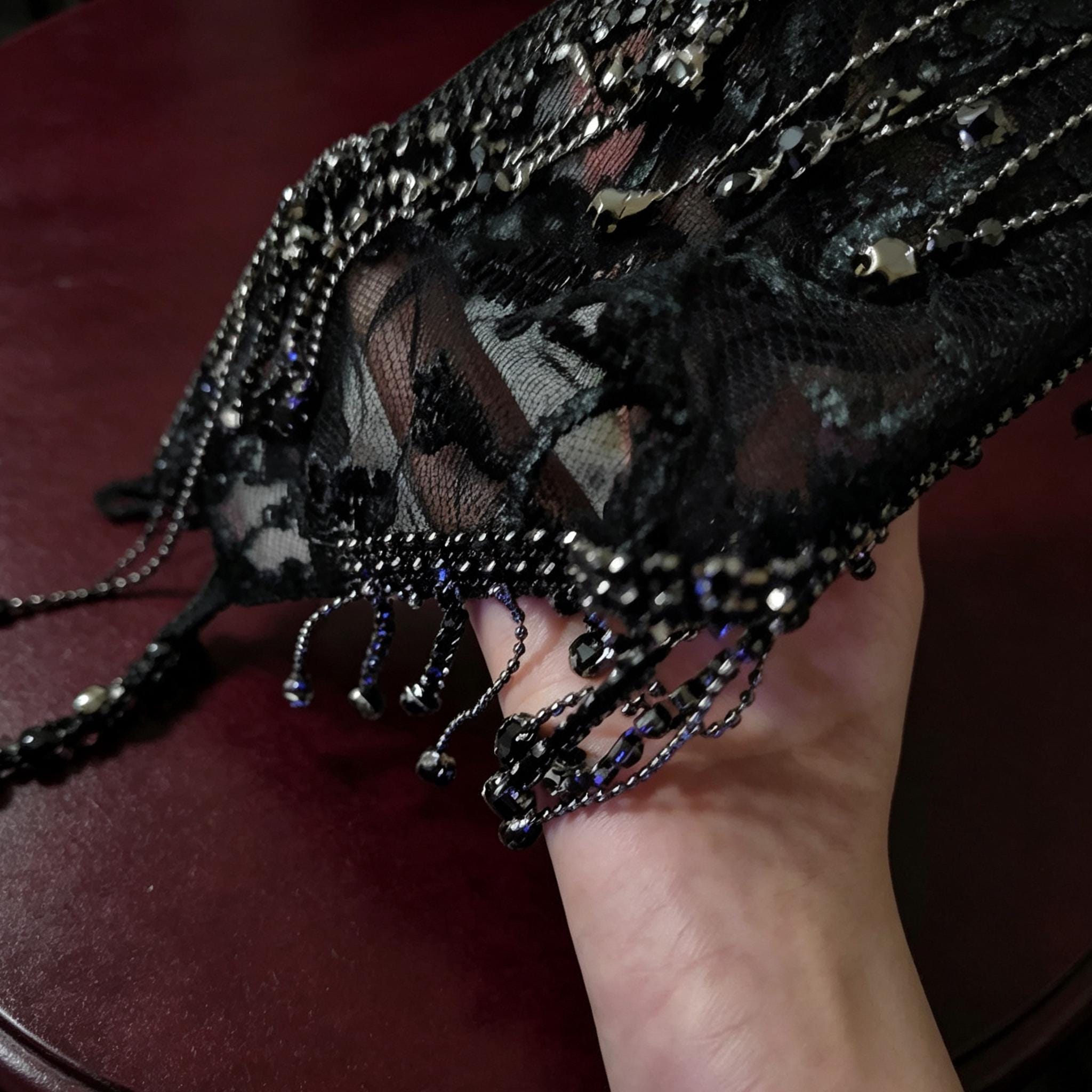 Gothic Lace Tassel Face Mask Handmade Beaded For Vampire Bride Ball