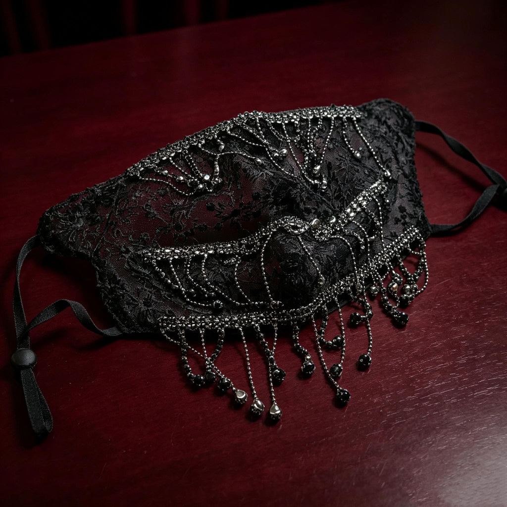 Gothic Lace Tassel Face Mask Handmade Beaded For Vampire Bride Ball