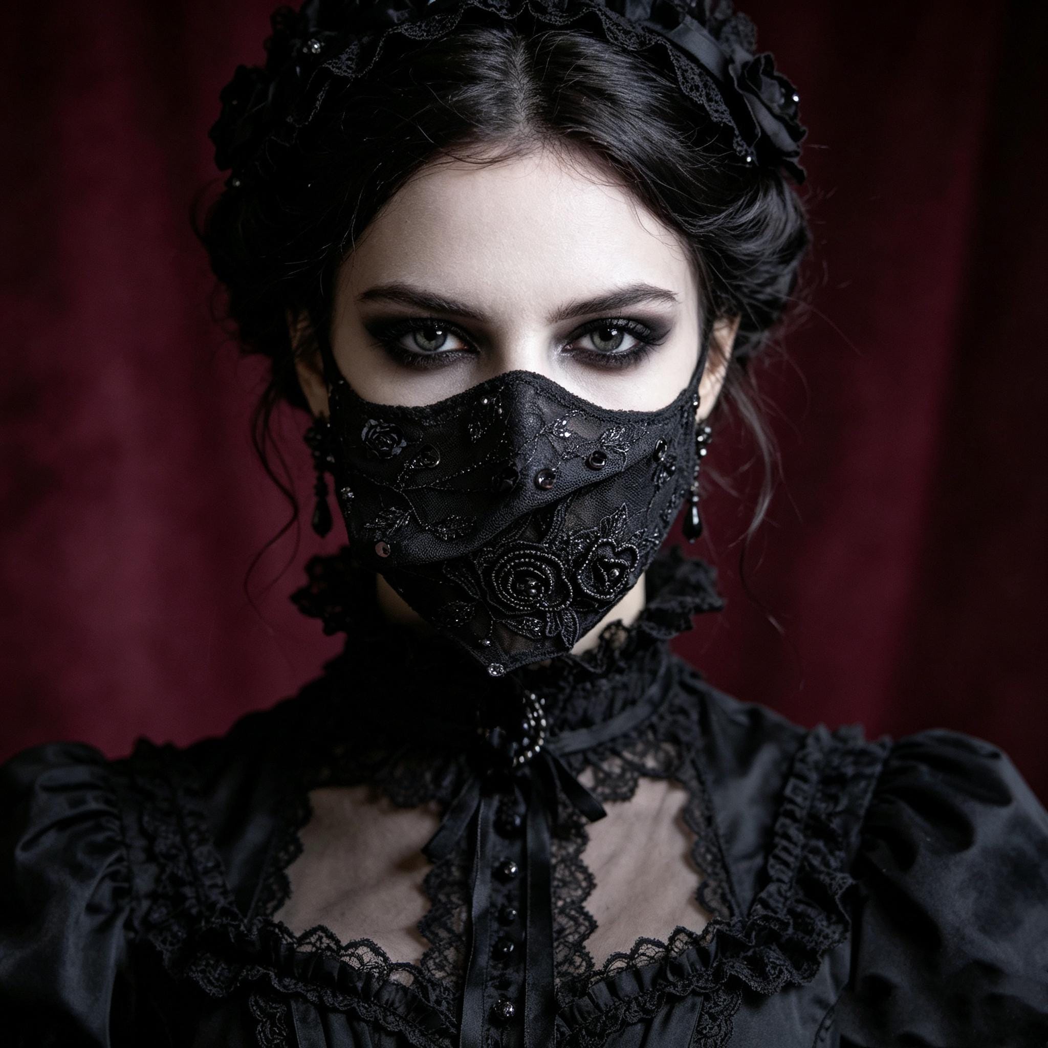 MourningGardenStudio Black Rose Gothic Face Mask Hand Embroidered Victorian Accessory