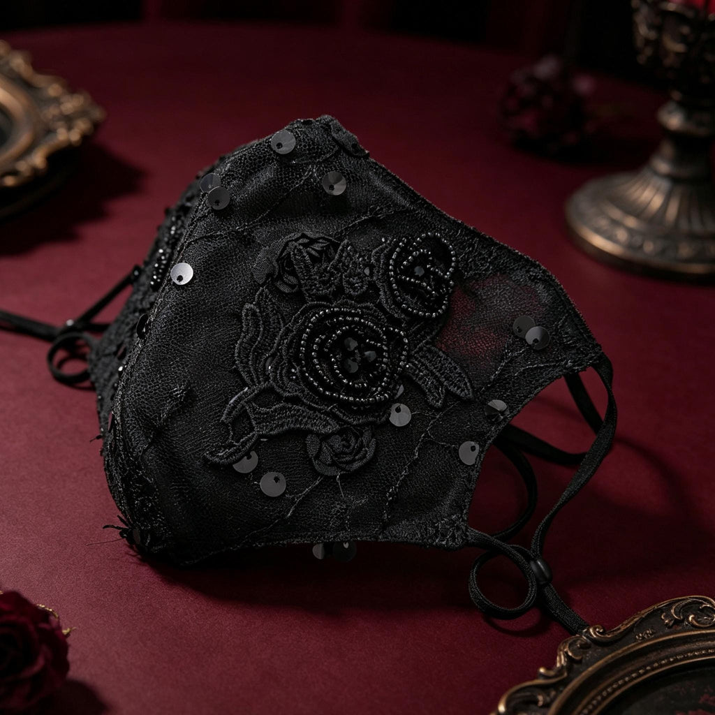 MourningGardenStudio Black Rose Gothic Face Mask Hand Embroidered Victorian Accessory