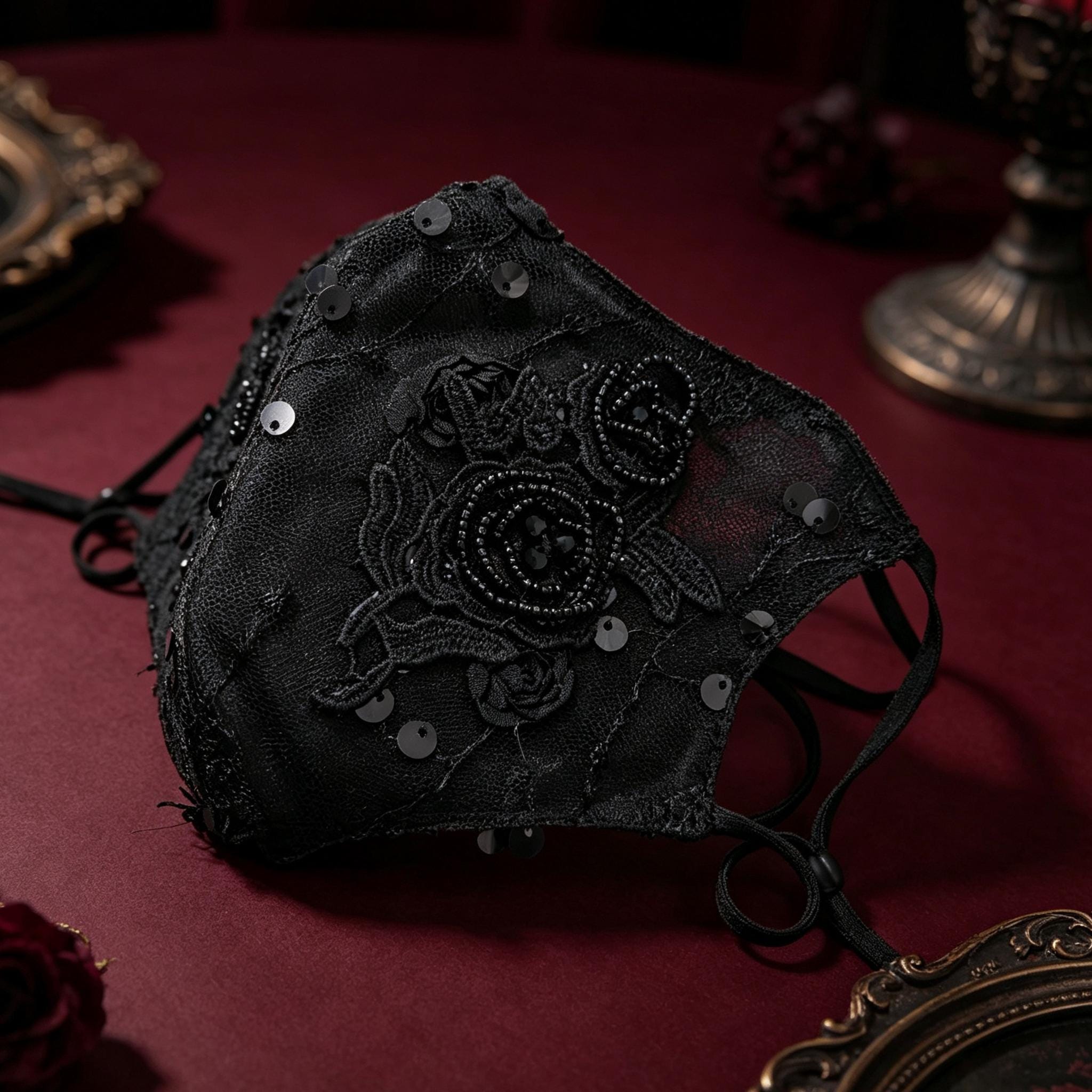 MourningGardenStudio Black Rose Gothic Face Mask Hand Embroidered Victorian Accessory