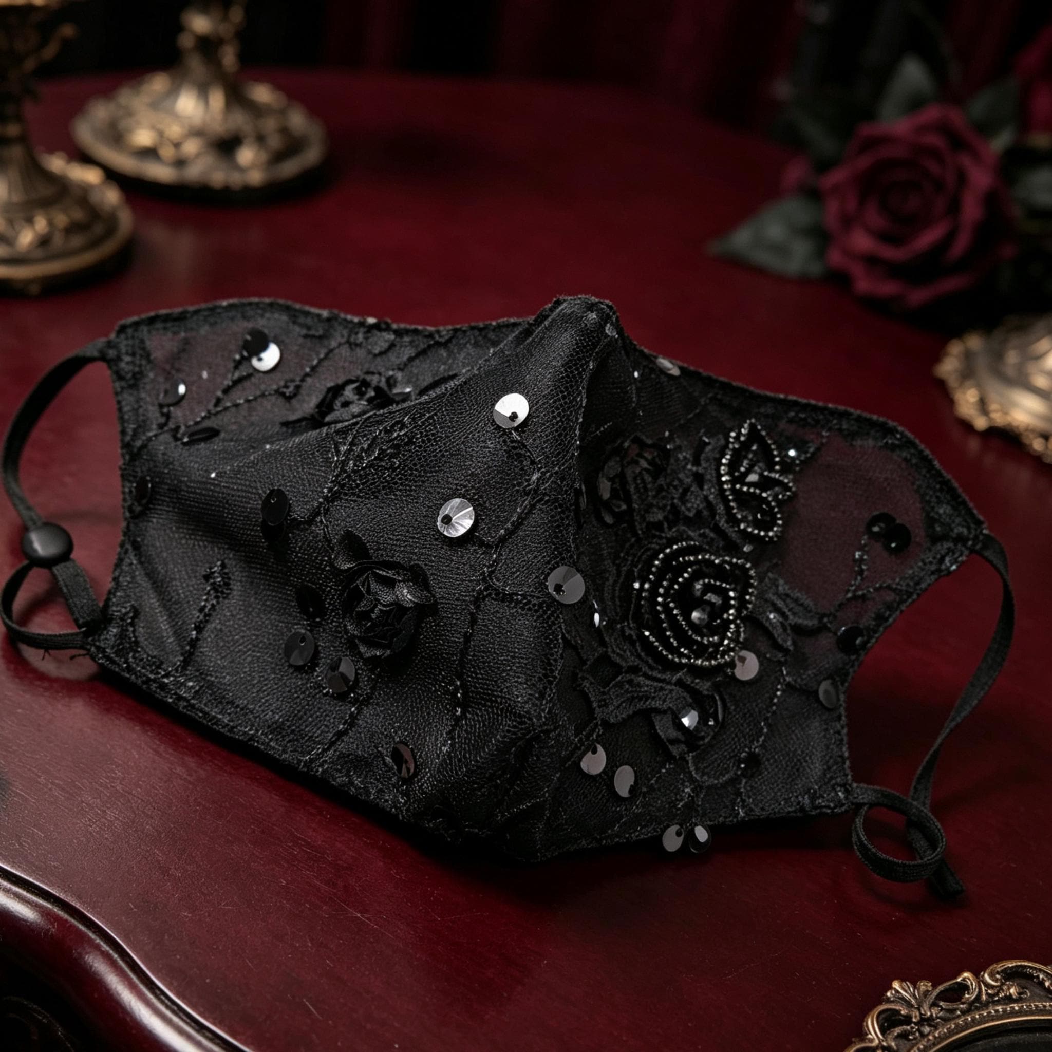 MourningGardenStudio Black Rose Gothic Face Mask Hand Embroidered Victorian Accessory