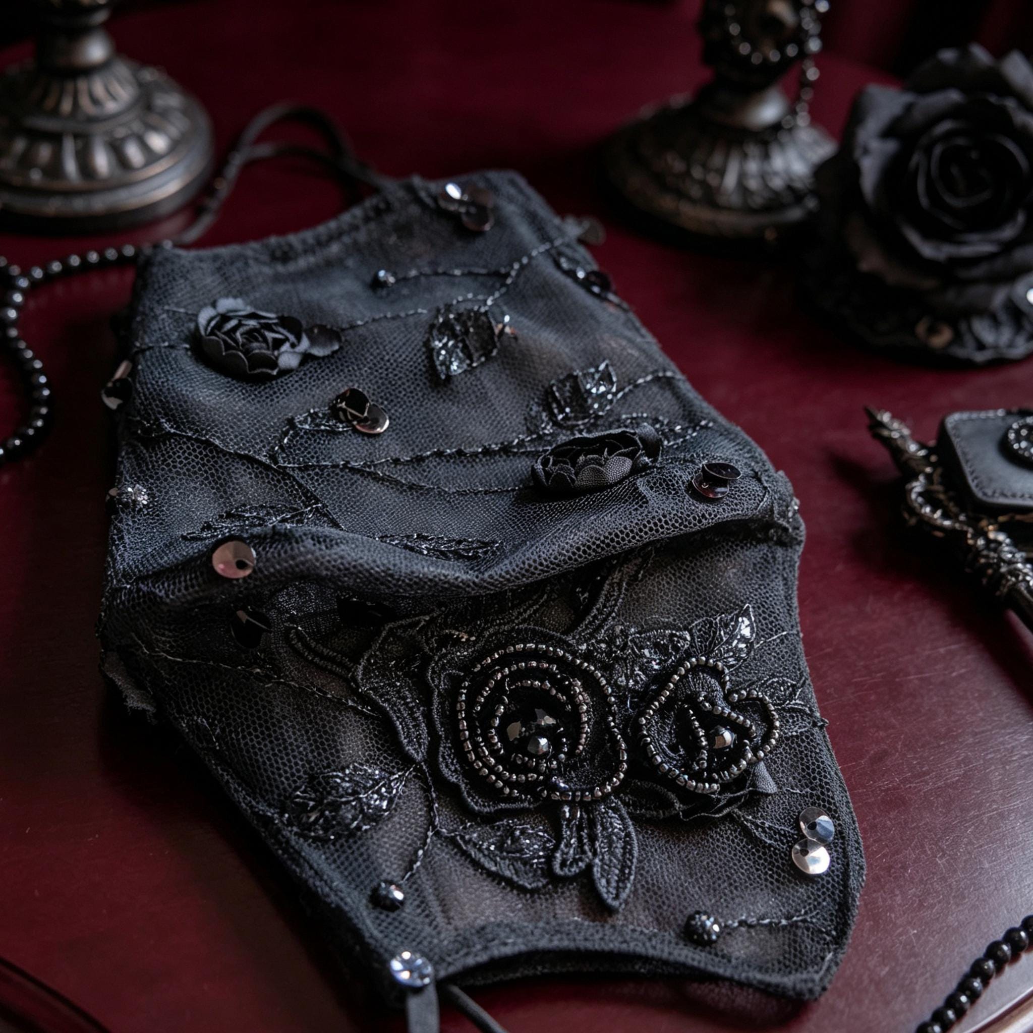 MourningGardenStudio Black Rose Gothic Face Mask Hand Embroidered Victorian Accessory