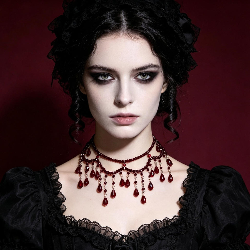 MourningGardenStudio Victorian Red Crystal Choker Necklace Hand Beaded Gothic Tassel
