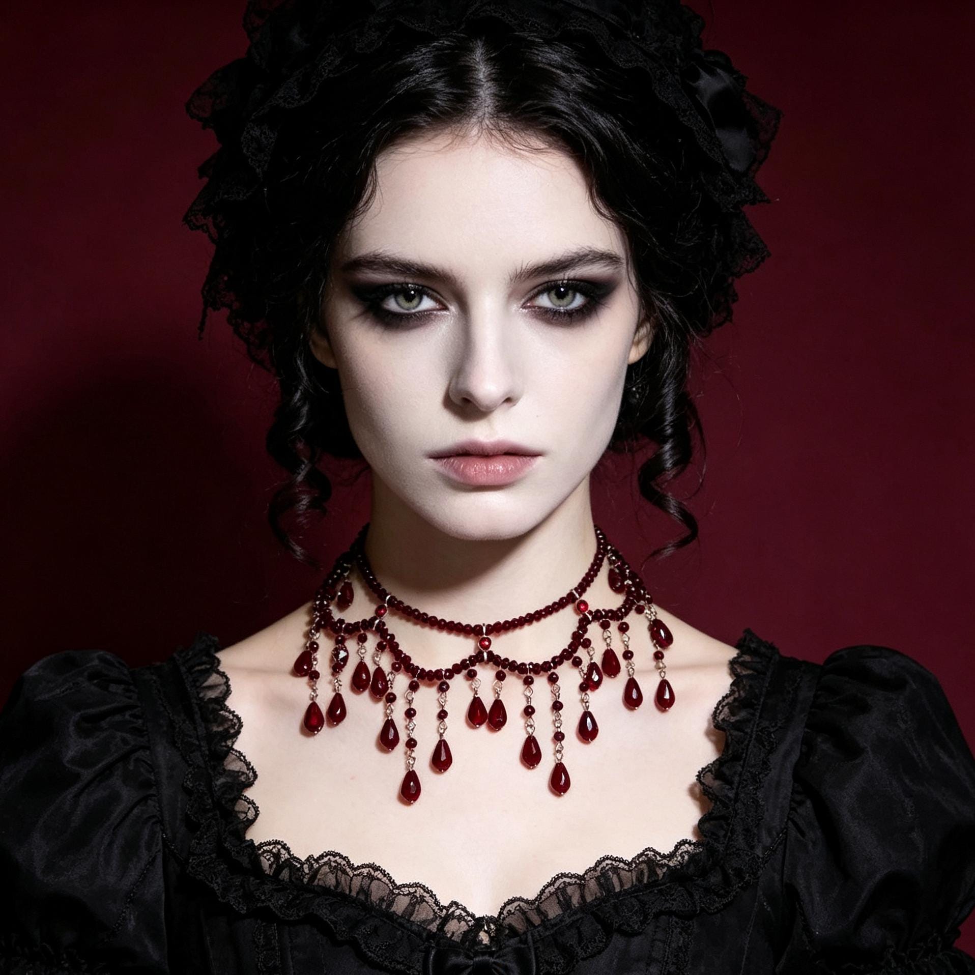 MourningGardenStudio Victorian Red Crystal Choker Necklace Hand Beaded Gothic Tassel
