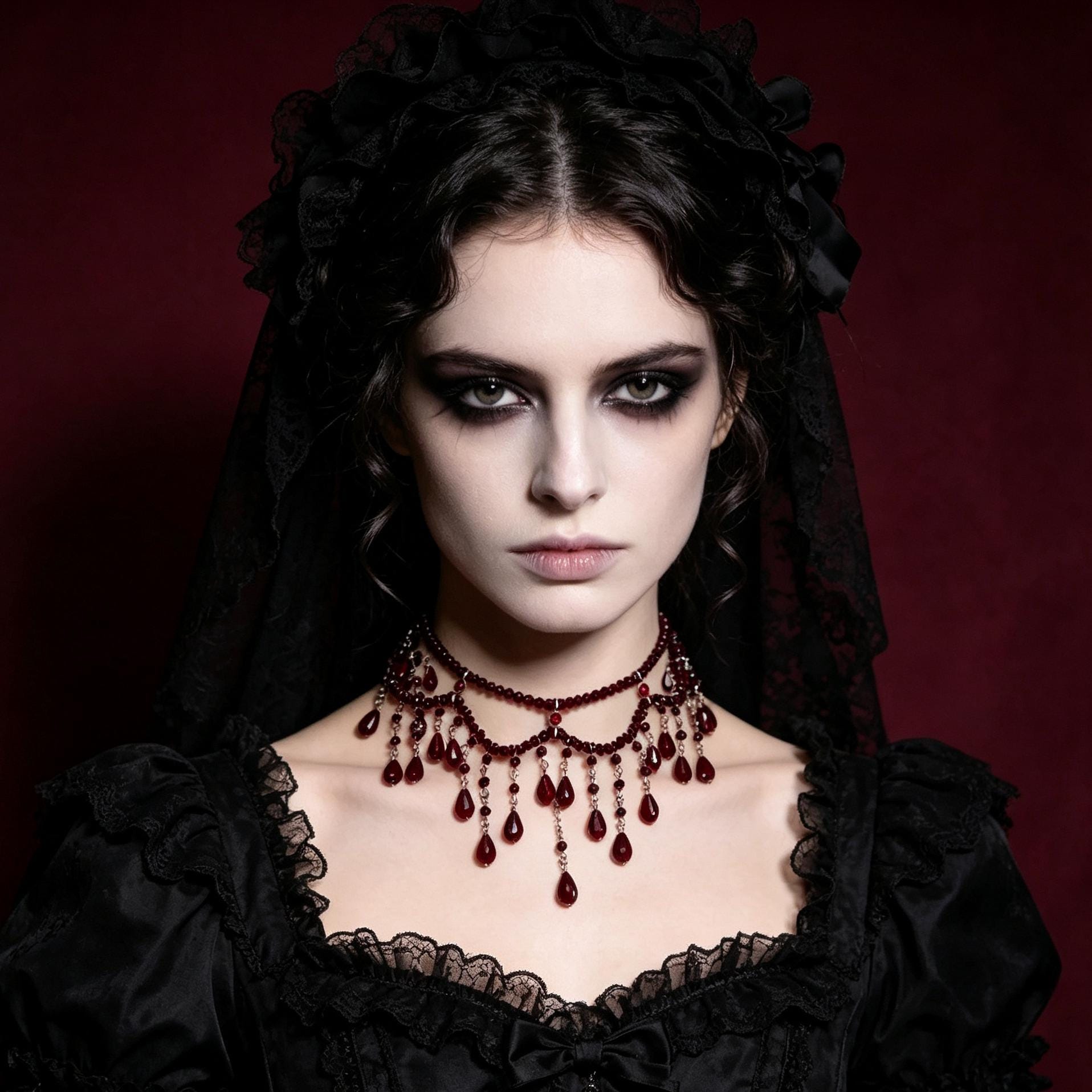 MourningGardenStudio Victorian Red Crystal Choker Necklace Hand Beaded Gothic Tassel