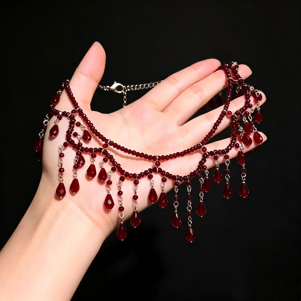 MourningGardenStudio Victorian Red Crystal Choker Necklace Hand Beaded Gothic Tassel