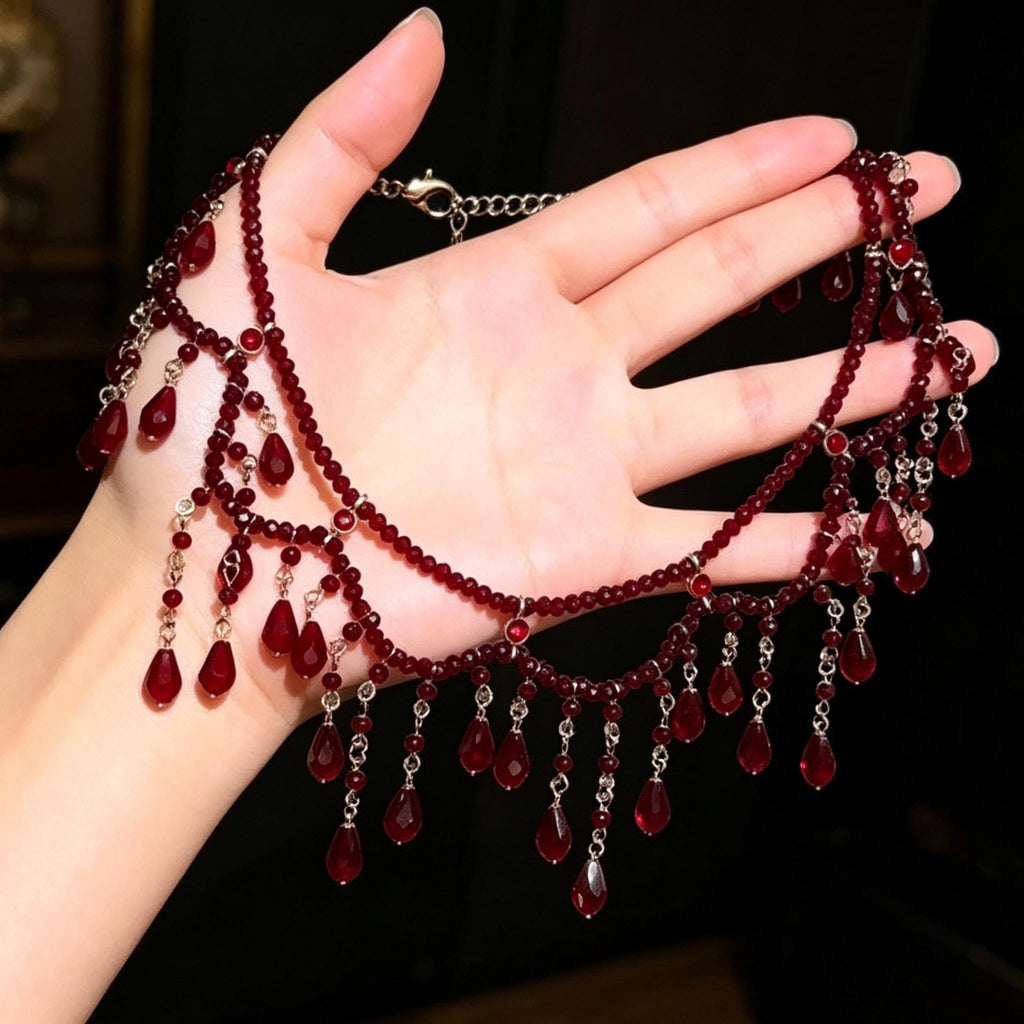MourningGardenStudio Victorian Red Crystal Choker Necklace Hand Beaded Gothic Tassel