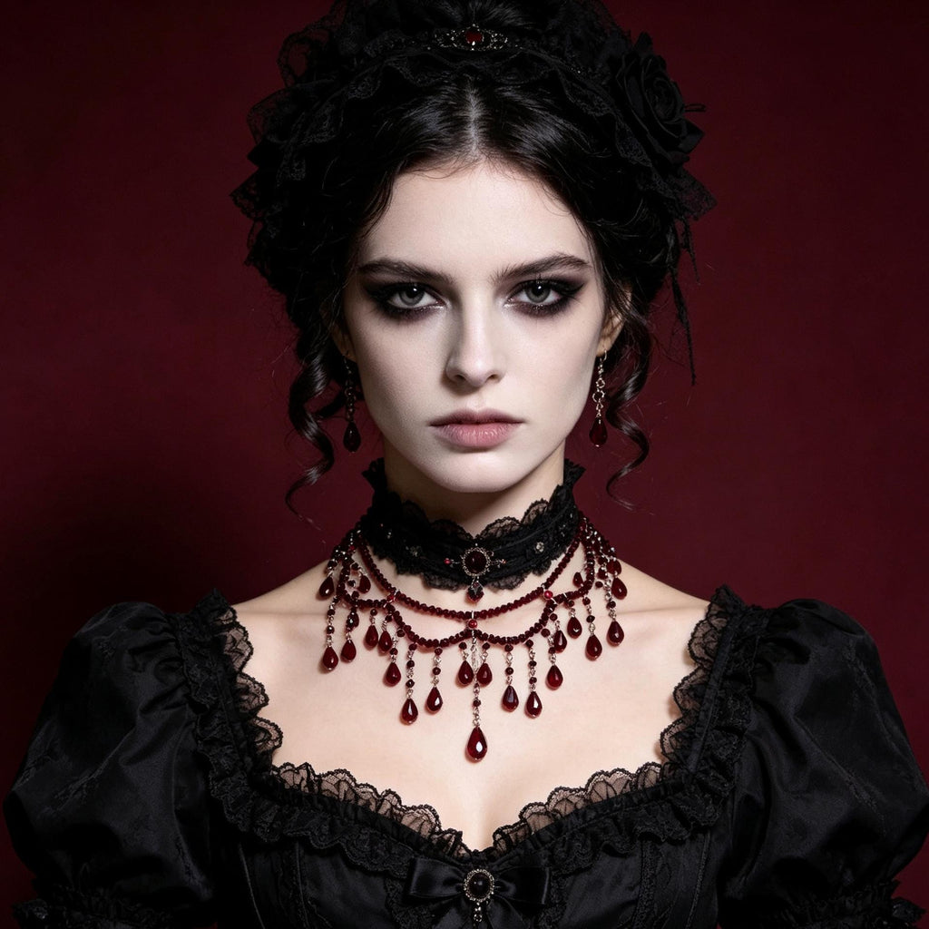 MourningGardenStudio Victorian Red Crystal Choker Necklace Hand Beaded Gothic Tassel