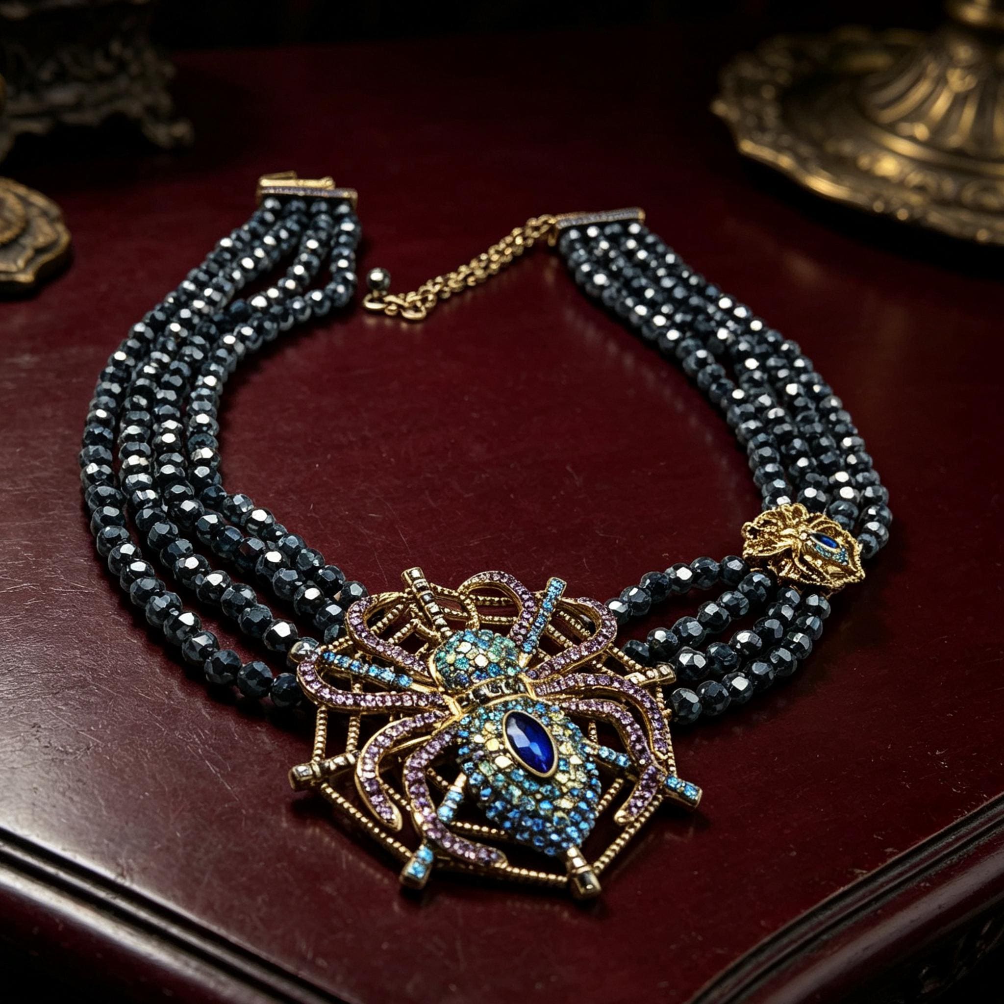 MourningGardenStudio Black Spinel Spider Choker Hand Beaded Gothic Necklace
