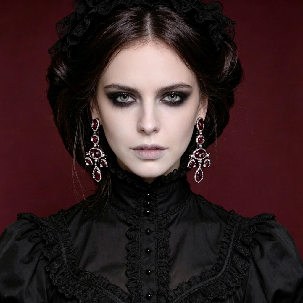 Mourninggardenstudio Victorian Gothic Drop Earrings Red Crystal Zirconia
