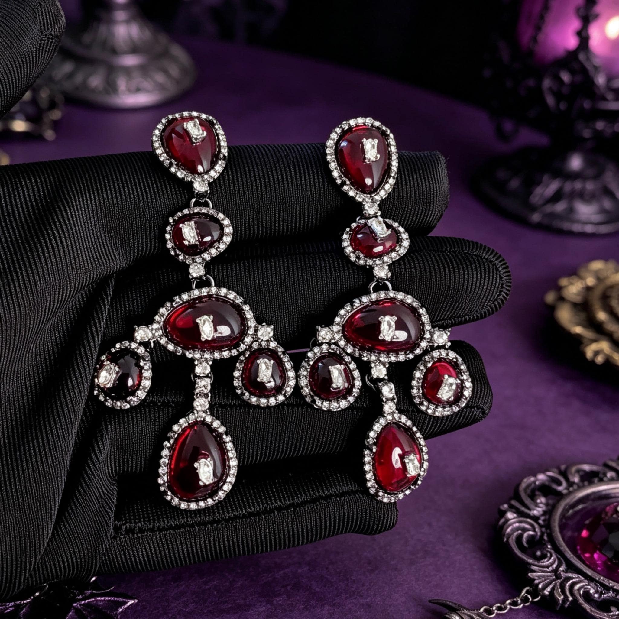 Mourninggardenstudio Victorian Gothic Drop Earrings Red Crystal Zirconia