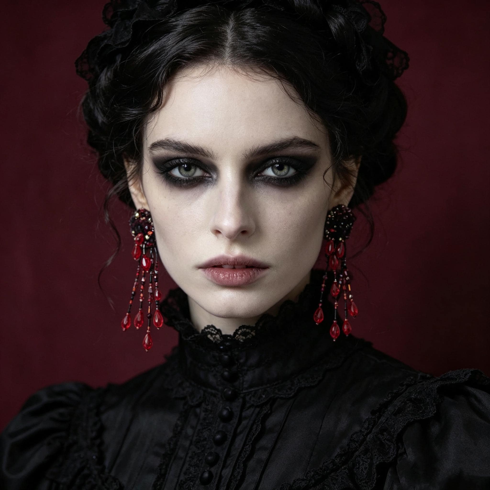 MourningGardenStudio Handmade Gothic Tassel Earrings Beaded Lace Crimson Drops
