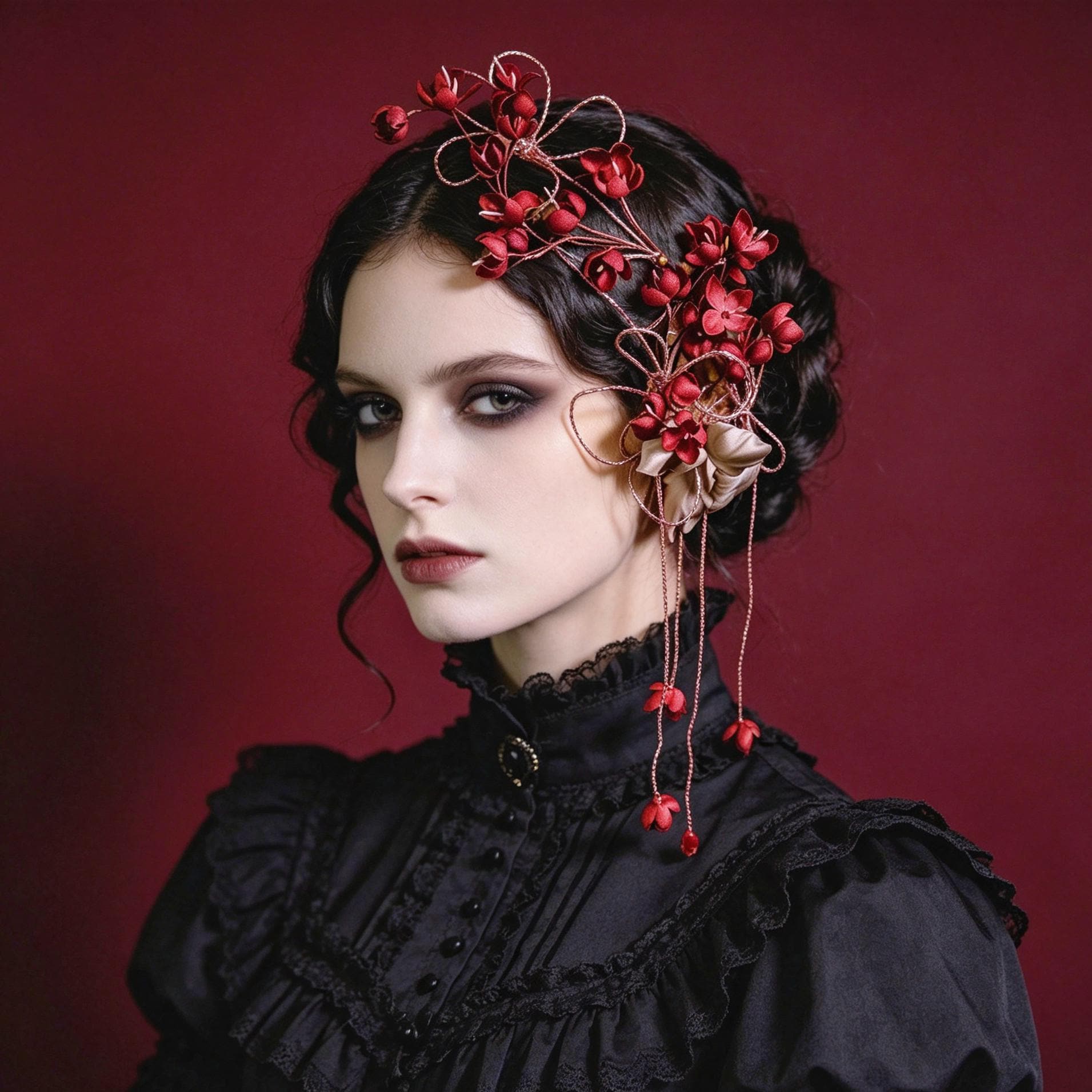 Handmade Red Flower Hair Vine Gothic Floral Headpiece Victorian Hair Accessory