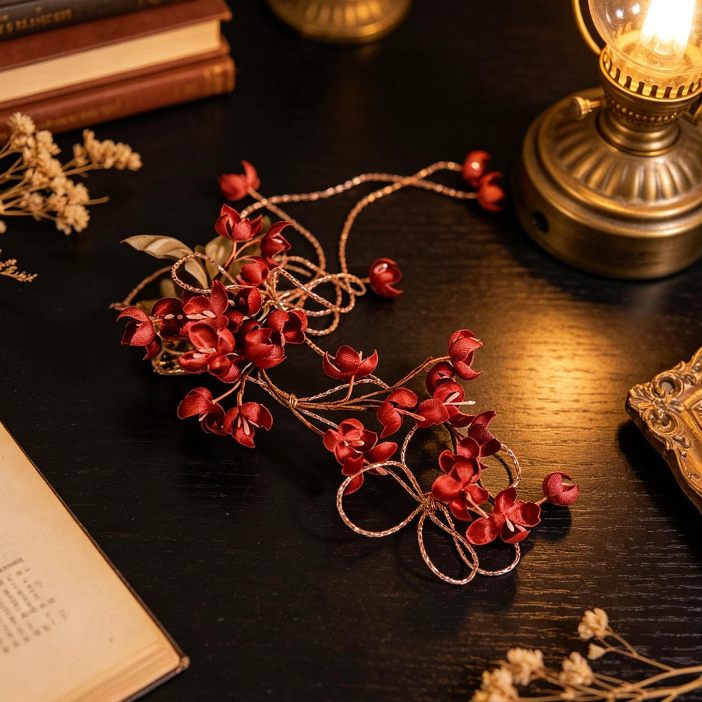 Handmade Red Flower Hair Vine Gothic Floral Headpiece Victorian Hair Accessory