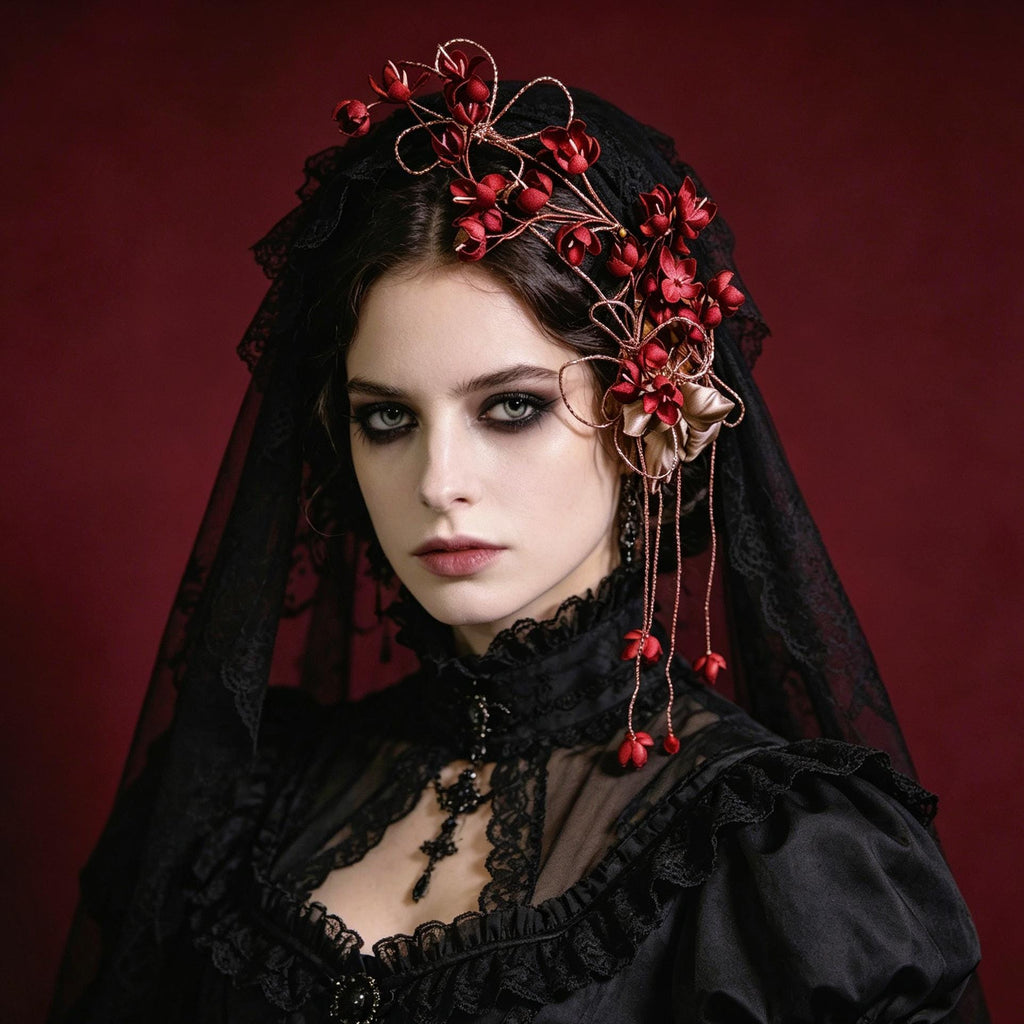 Handmade Red Flower Hair Vine Gothic Floral Headpiece Victorian Hair Accessory