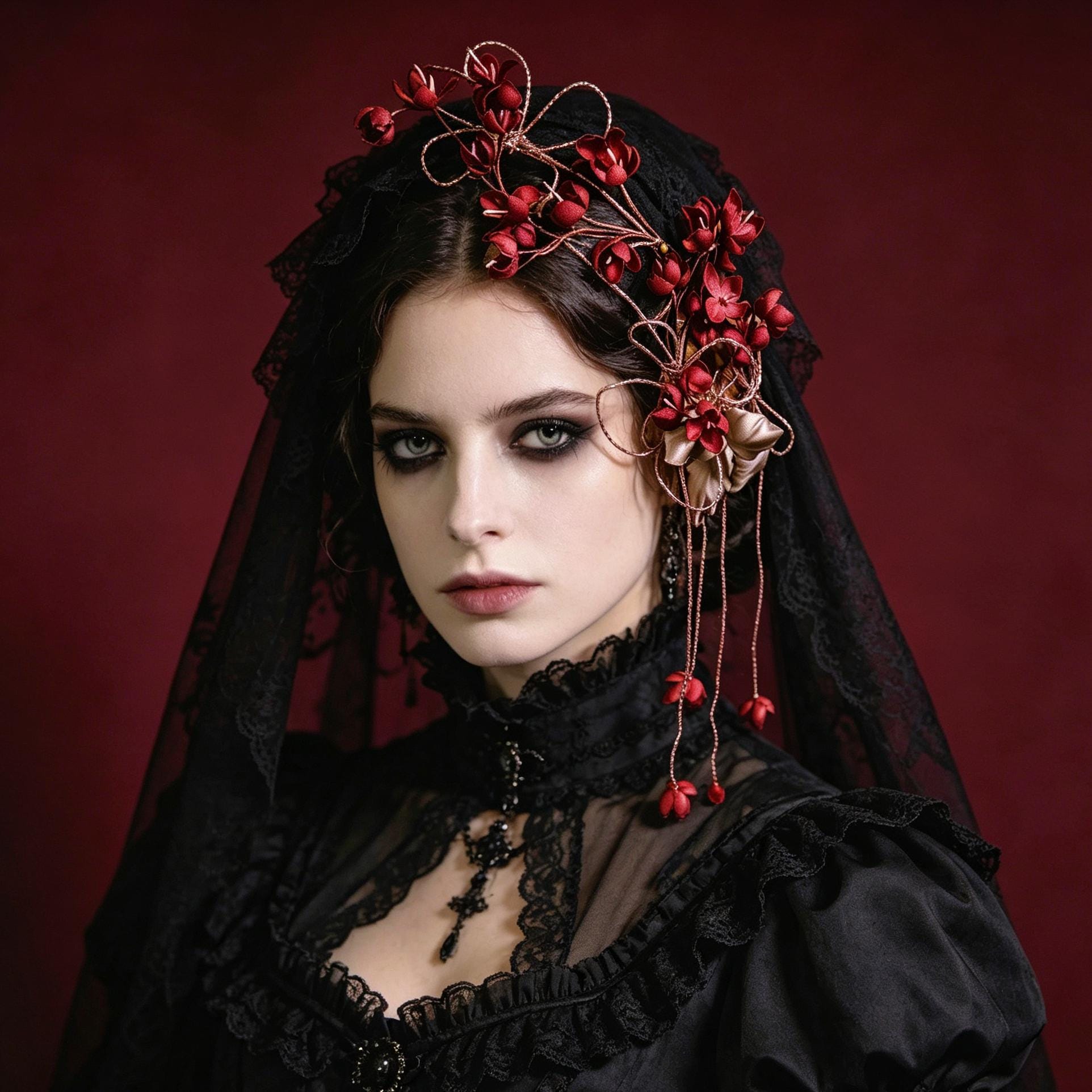 Handmade Red Flower Hair Vine Gothic Floral Headpiece Victorian Hair Accessory