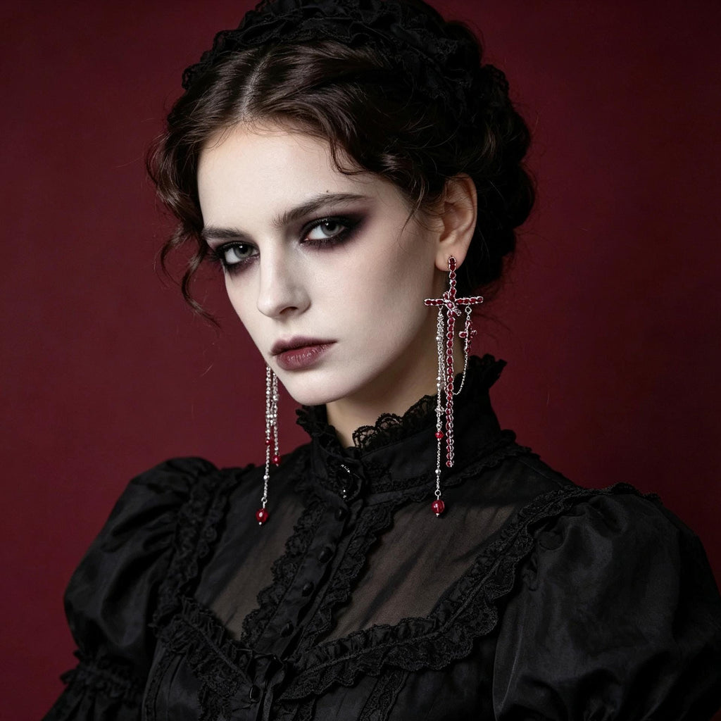 MourningGardenStudio Gothic Cross Drop Earrings Red Crystal Tassel