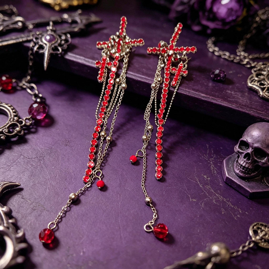 MourningGardenStudio Gothic Cross Drop Earrings Red Crystal Tassel