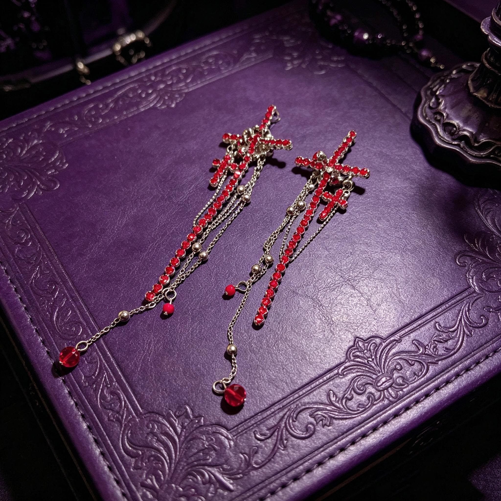 MourningGardenStudio Gothic Cross Drop Earrings Red Crystal Tassel