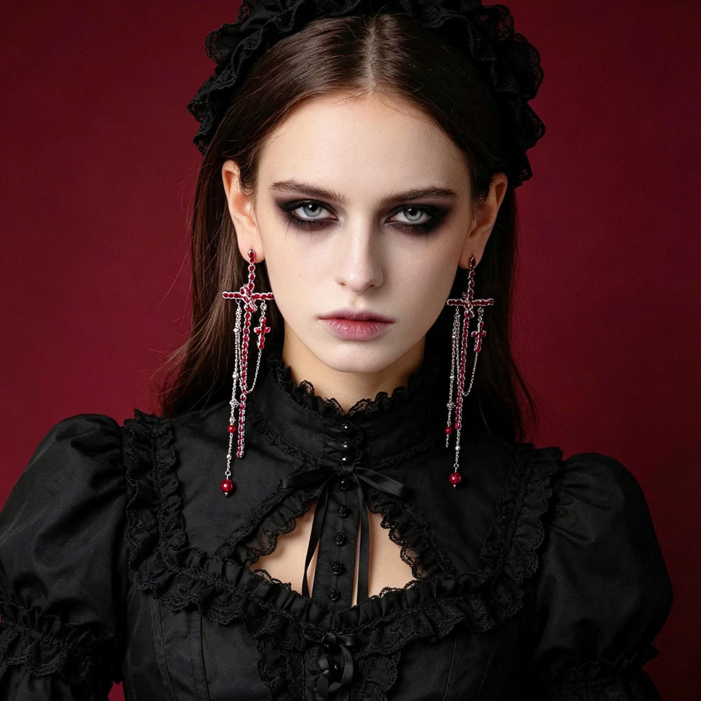MourningGardenStudio Gothic Cross Drop Earrings Red Crystal Tassel