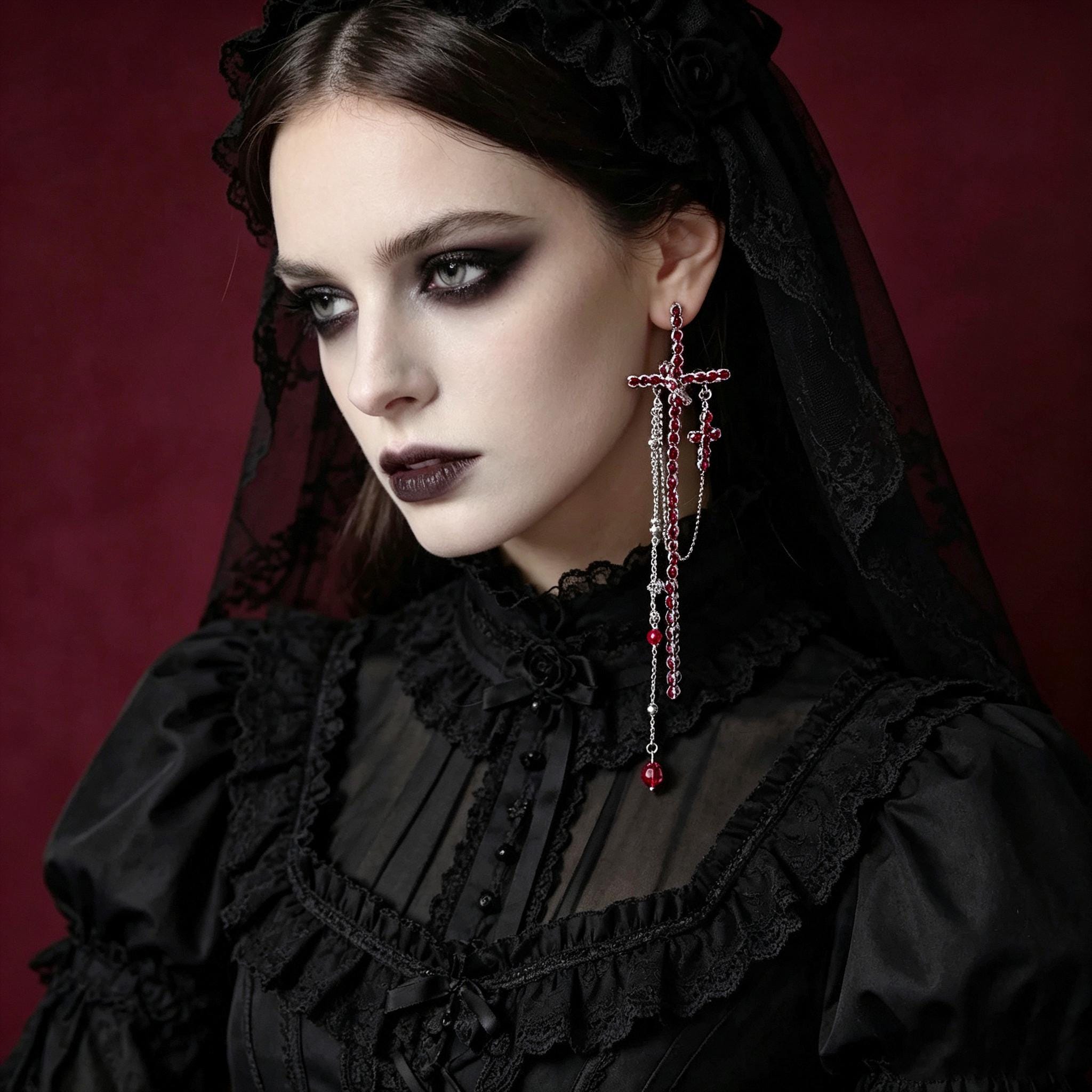 MourningGardenStudio Gothic Cross Drop Earrings Red Crystal Tassel