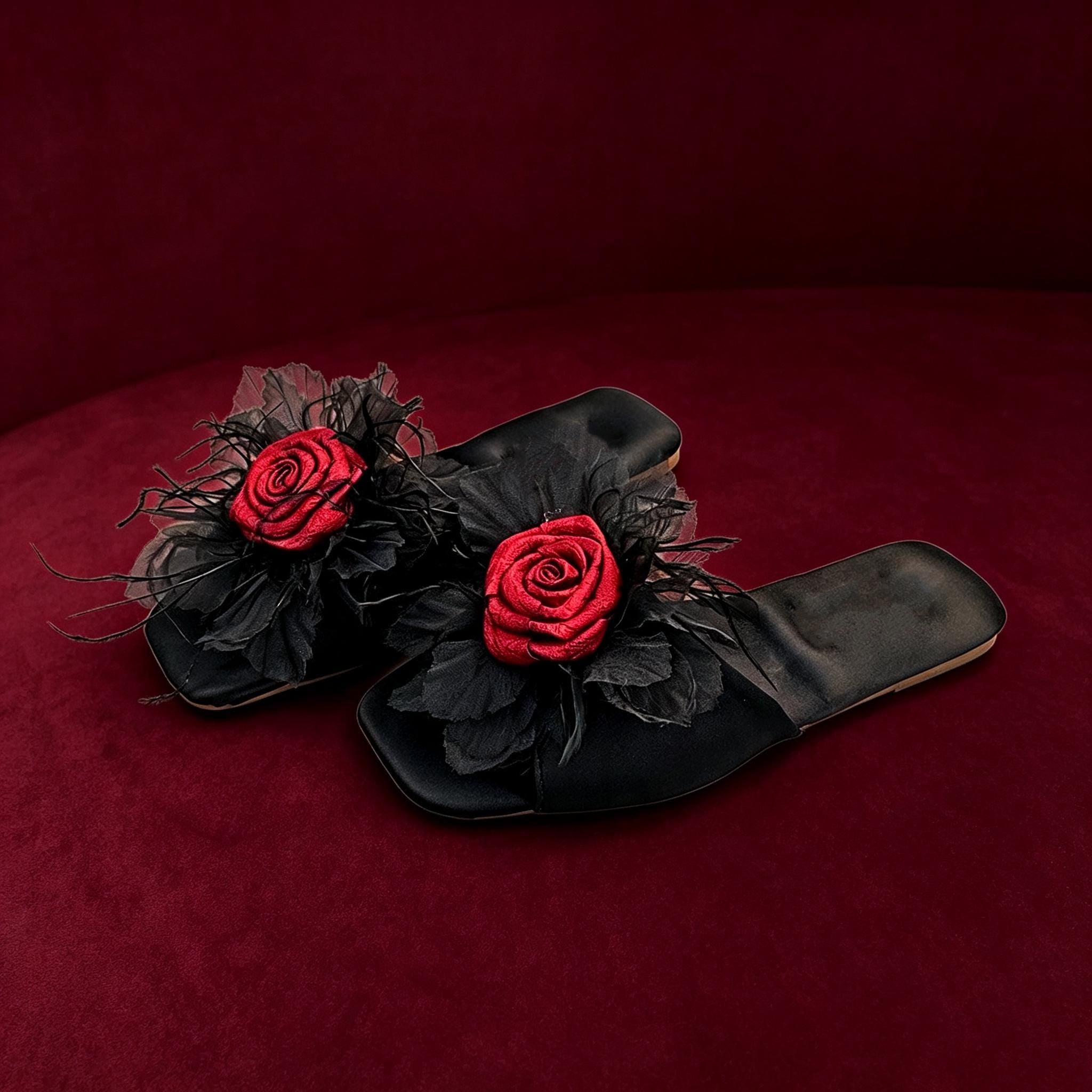 MourningGardenStudio Gothic Rose Black Tulle House Slippers