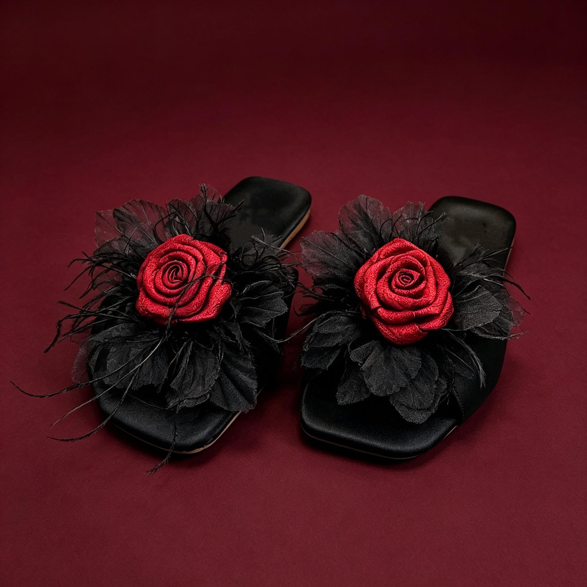 MourningGardenStudio Gothic Rose Black Tulle House Slippers