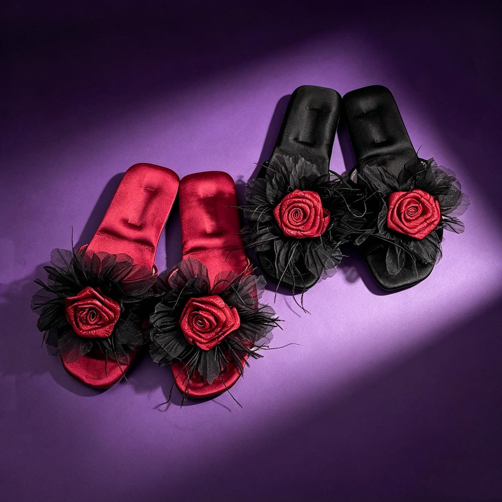 MourningGardenStudio Gothic Rose Black Tulle House Slippers