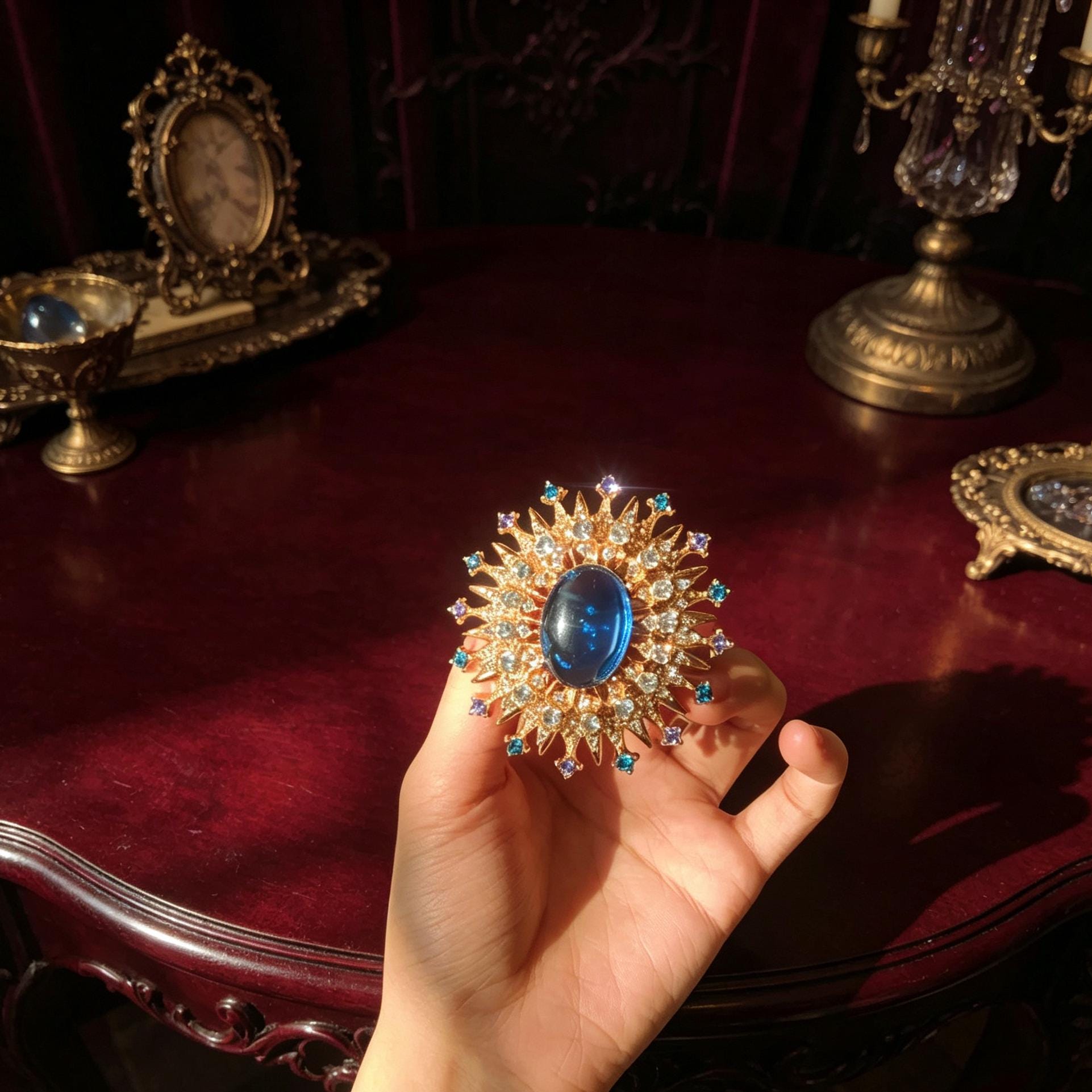 Victorian Sapphire Sun Brooch Gold Crystal Pin Gothic Duchess Gift Jewelry