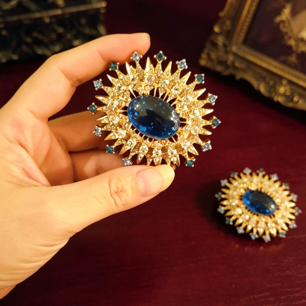 Victorian Sapphire Sun Brooch Gold Crystal Pin Gothic Duchess Gift Jewelry
