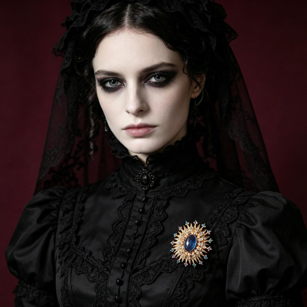 Victorian Sapphire Sun Brooch Gold Crystal Pin Gothic Duchess Gift Jewelry
