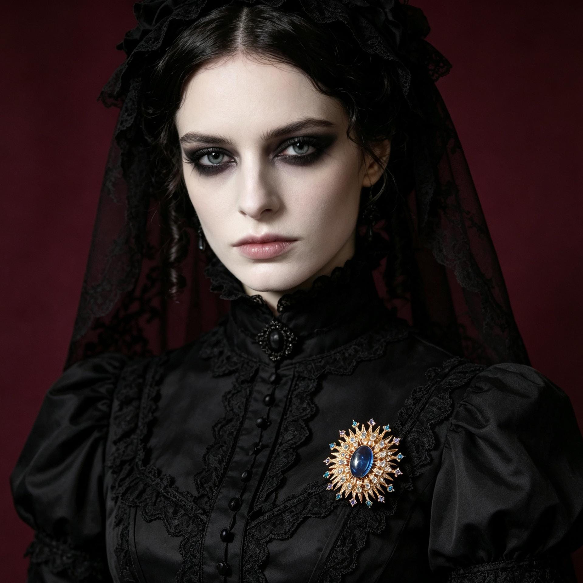 Victorian Sapphire Sun Brooch Gold Crystal Pin Gothic Duchess Gift Jewelry
